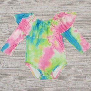 Pink Green Ruffle Tie Dye Long Sleeve Bodysuit